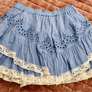 LoveShackFancy Sky Blue Mini Skirt with Ivory Lace NWOT Never Worn